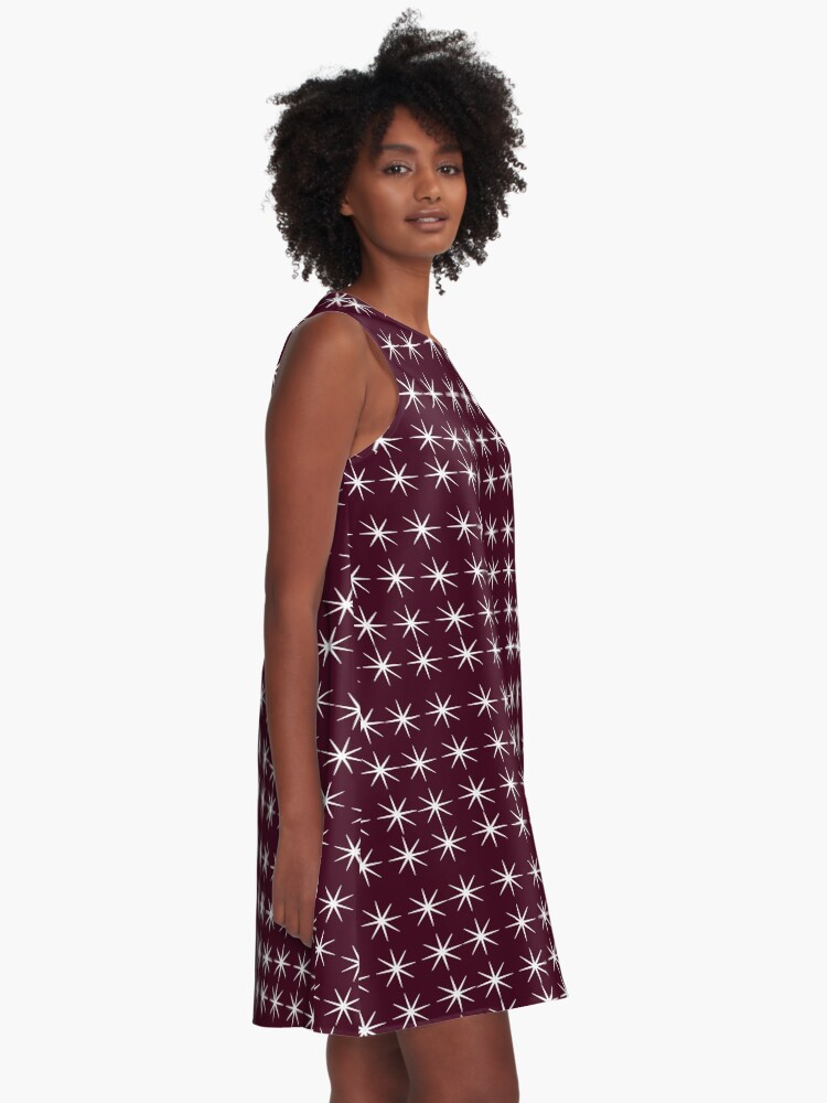 Alternate view of Classy 8 Point white Stars with a dark red current background A-Line Dress
