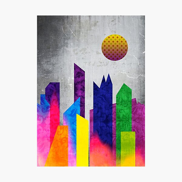 Summer Night City Colorful Trendy Flat Geometric Landscape Photographic Print