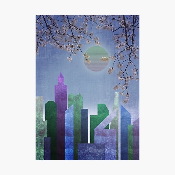 Spring Night Sakura Cherry Blossom Geometric City Landscape Photographic Print