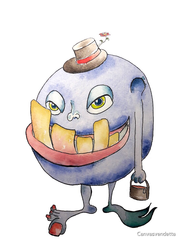 The cute monster with the little hat, funny cartoon character in blue with big  teeth