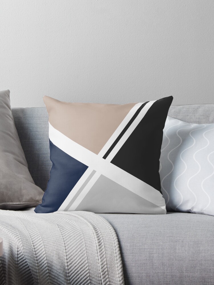 Navy Blue Beige Dark Grey Light Grey Abstract Geometric Pillow