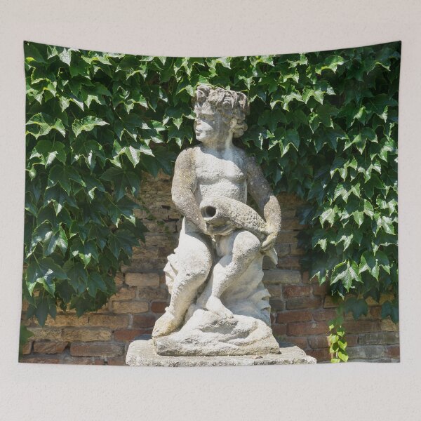 Item preview, A Boy with a Fish - Antique Statue Hugged by Glossy Ivy Leaves designed and sold by Georgia Mizuleva.