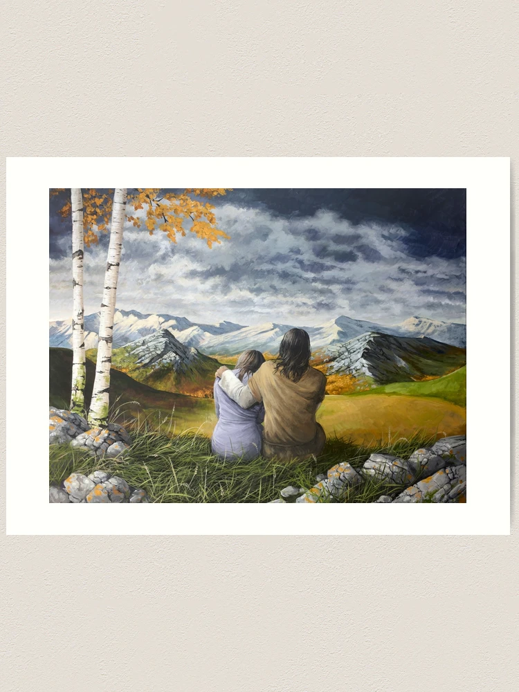 Jesus comforting a woman in a beautiful landscape. Art Print for