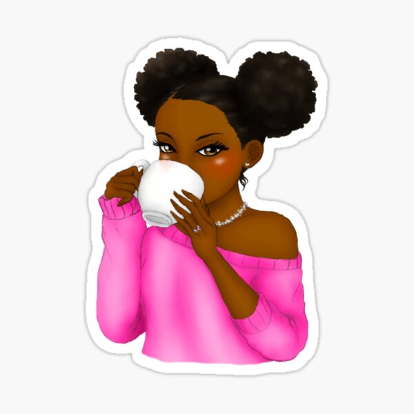 Black Girl Sipping Tea Wearing Afro Puffs Sticker