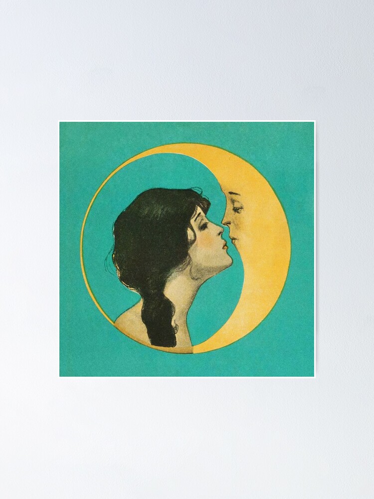 "Girl Kissing the Moon. Antique moon face. Vintage Lunar gift, Art