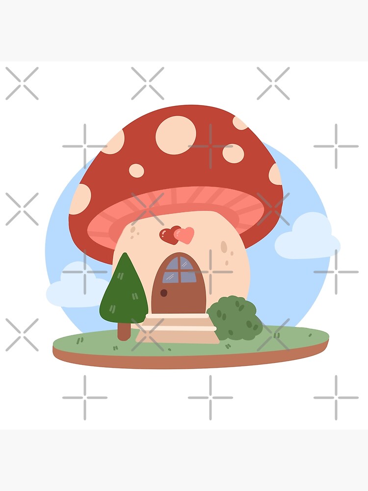 "Cute Kawaii Mushroom House Illustration Cottagecore" Poster for Sale