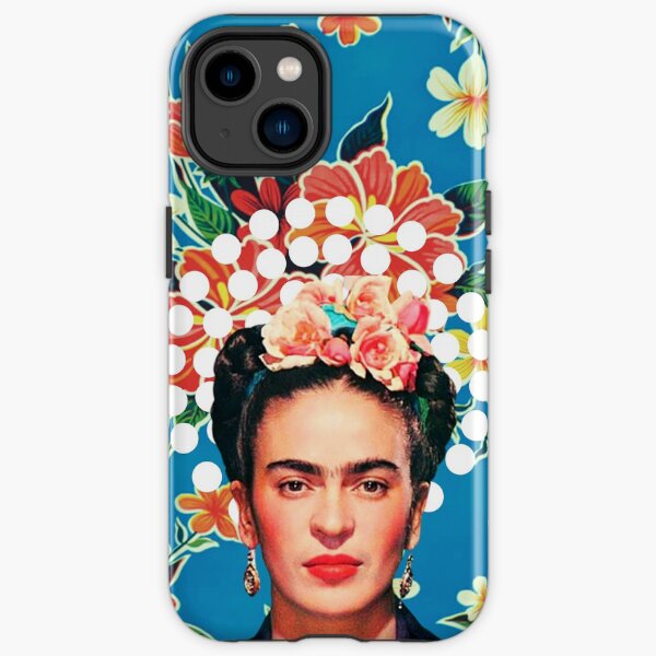 Frida Kahlo print, flowers, color on blue Mexican tablecloth iPhone Tough Case