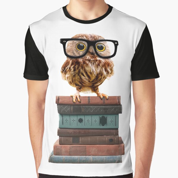 Adorable Nerdy Owl with Glasses on Books Graphic T-Shirt