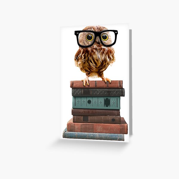 Adorable Nerdy Owl with Glasses on Books Greeting Card
