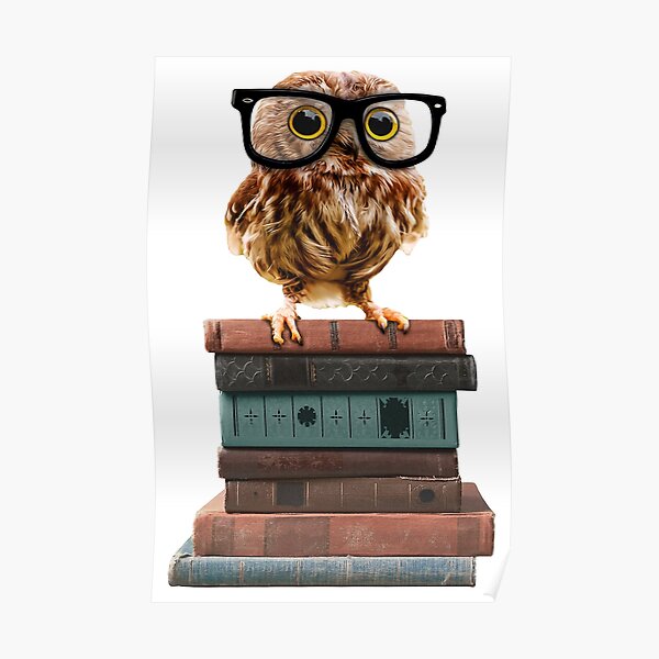 Adorable Nerdy Owl with Glasses on Books Poster