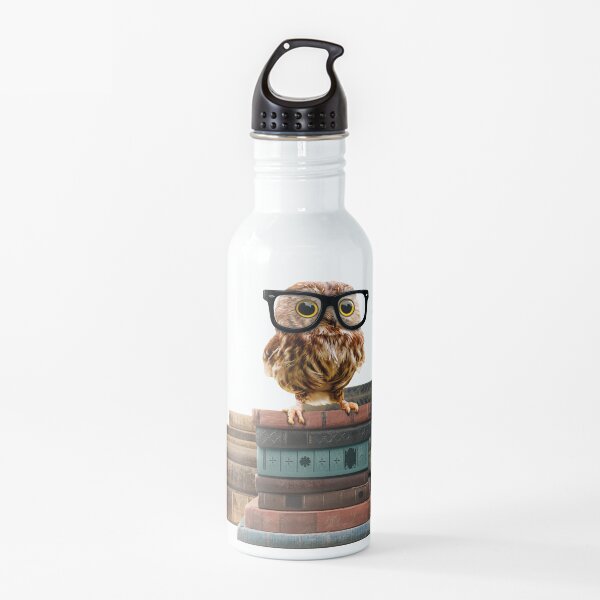 Adorable Nerdy Owl with Glasses on Books Water Bottle
