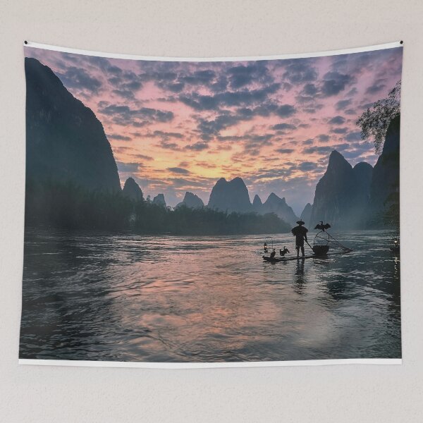 Item preview, Man rowing Boat Between The Mountains designed and sold by JTS STORE.