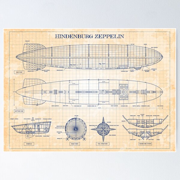 Artikel-Vorschau von Hindenburg Zeppelin (Old Blue Grid - English), designt und verkauft von BGALAXY.
