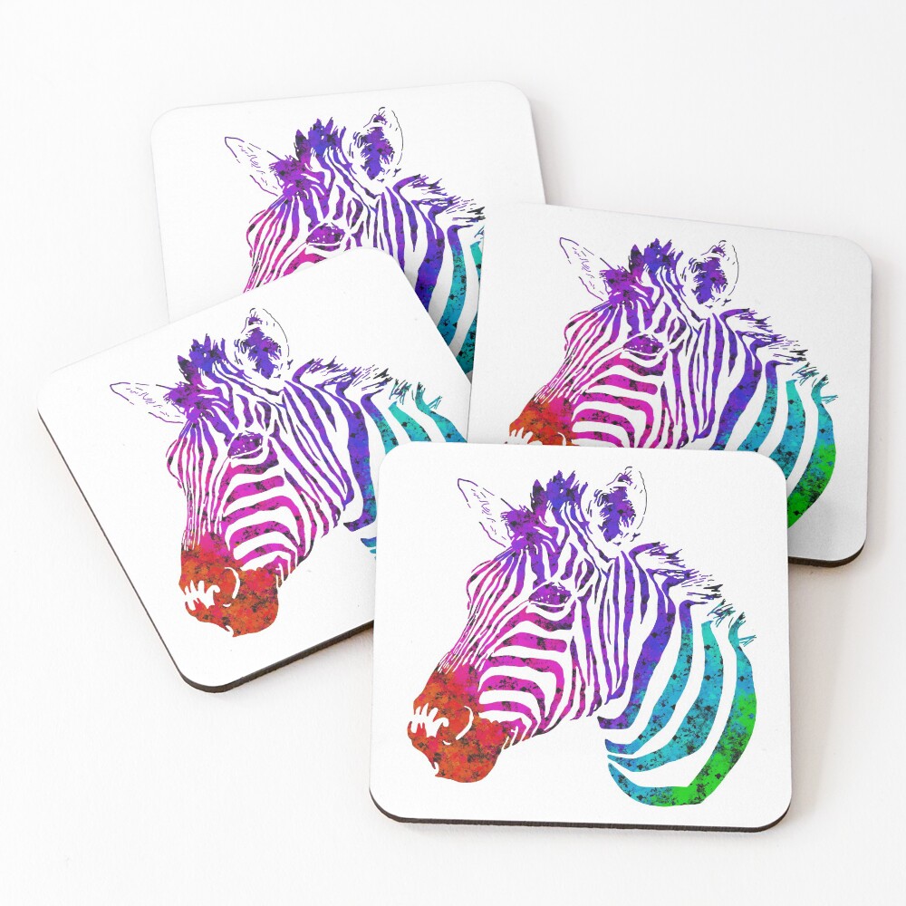 RAINBOW ZEBRA STRIPES SET OF 4 COASTERS RUBBER WITH FABRIC TOP 