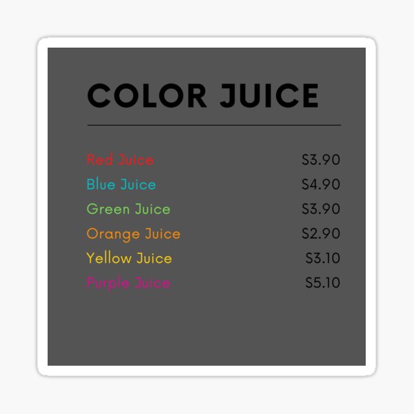 "Color Juice Menu Prices" Sticker for Sale by dino8 Redbubble