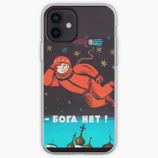 "There's no god! / Бога Нет!" Retro 1960's USSR anti-religious propaganda poster of Cosmonaut Yuri Gagarin in Space iPhone Soft Case