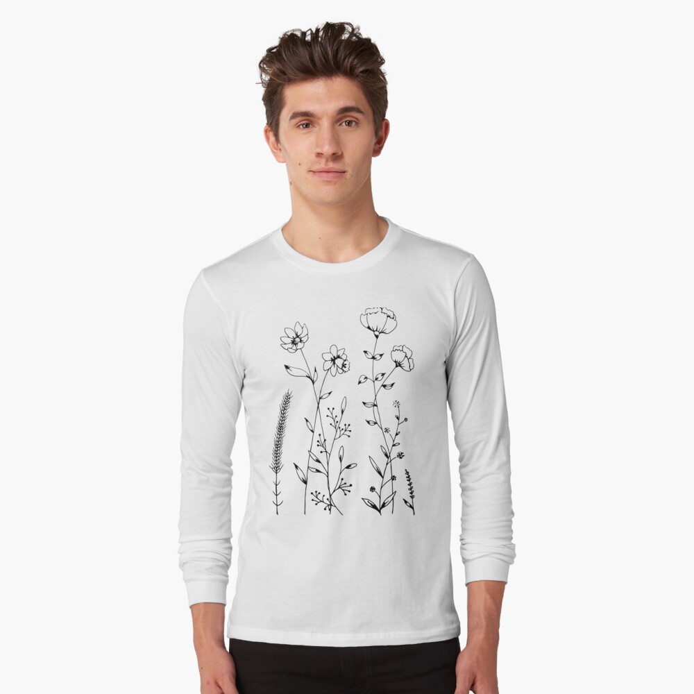 Simple Black and White Flowers and Leaves Design Long Sleeve T-Shirt