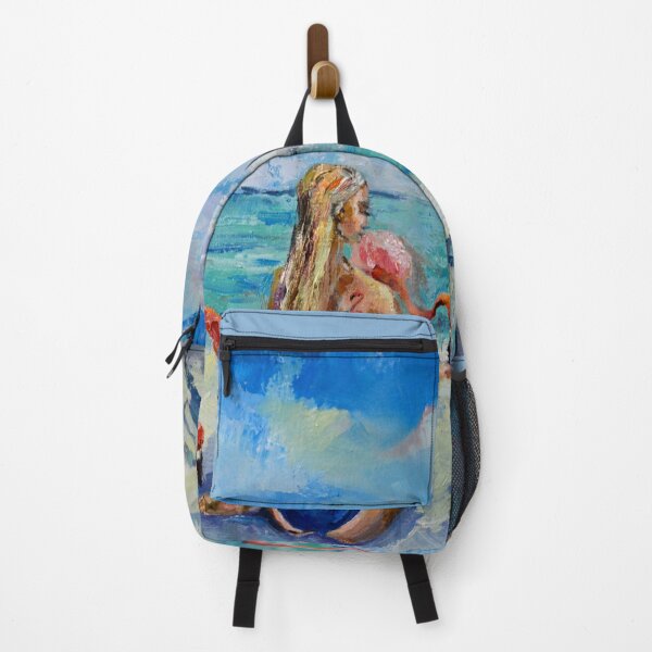 Item preview, A tanned girl on the shore of the gentle sea feeds pink flamingos. designed and sold by Elena Reutova.