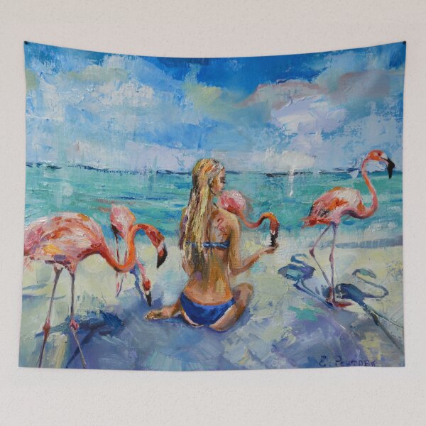 Item preview, A tanned girl on the shore of the gentle sea feeds pink flamingos. designed and sold by Elena Reutova.