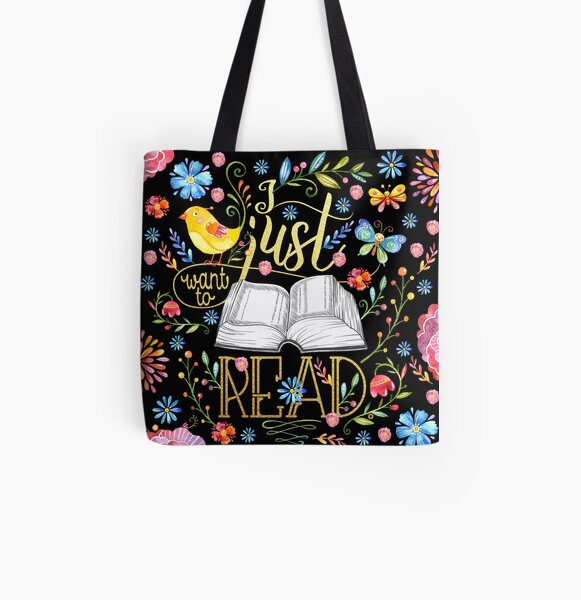 I Just Want To Read - Black Floral All Over Print Tote Bag