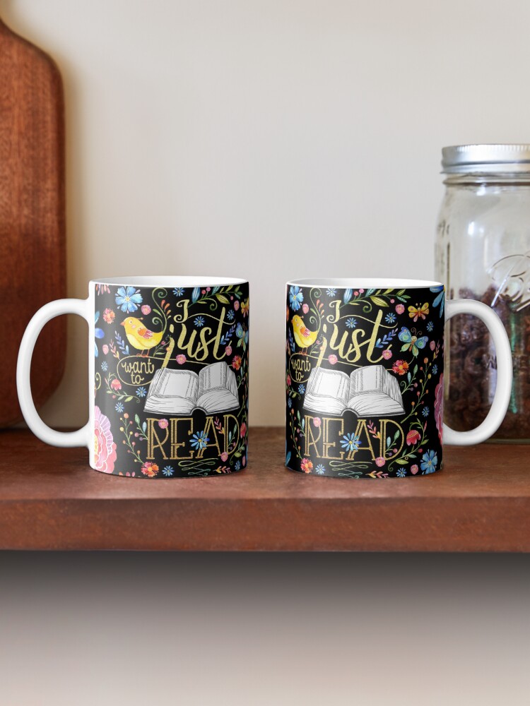 Thumbnail 2 of 6, Coffee Mug, I Just Want To Read - Black Floral designed and sold by eviebookish.