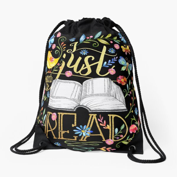 I Just Want To Read - Black Floral Drawstring Bag