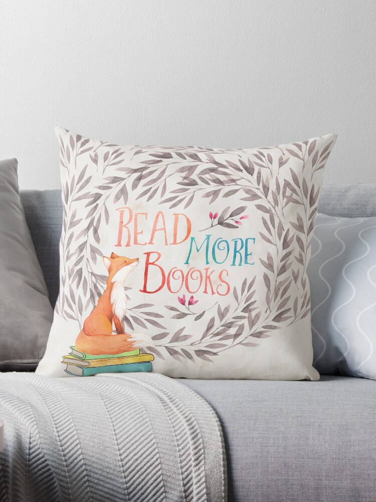 Thumbnail 1 of 3, Throw Pillow, Read More Books - Fox designed and sold by eviebookish.