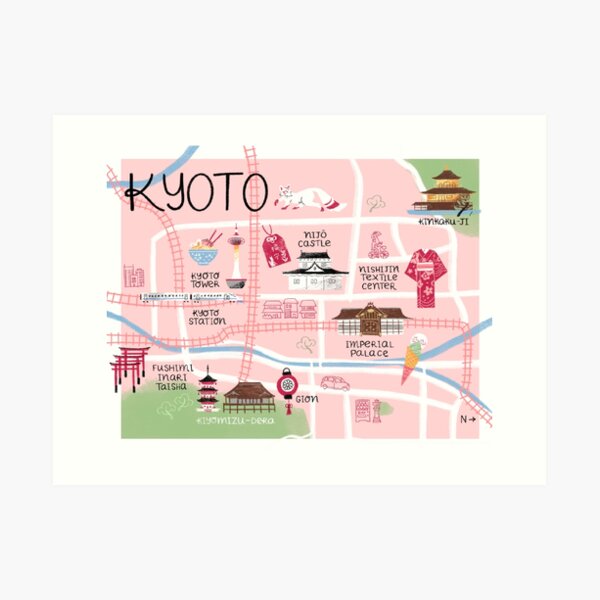 Kyoto Illustrated Map, City in Japan Art Print