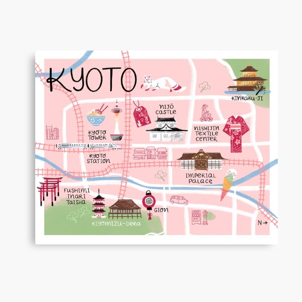 Kyoto Illustrated Map, City in Japan Canvas Print