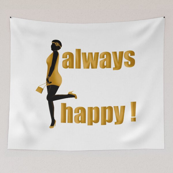 Item preview, always happy inscription in gold letters and a cheerful girl next to them designed and sold by nataliavavilina.