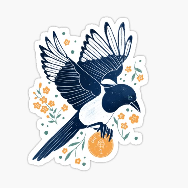 Magpie, lucky penny and flowers Sticker