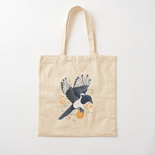 Magpie, lucky penny and flowers Cotton Tote Bag