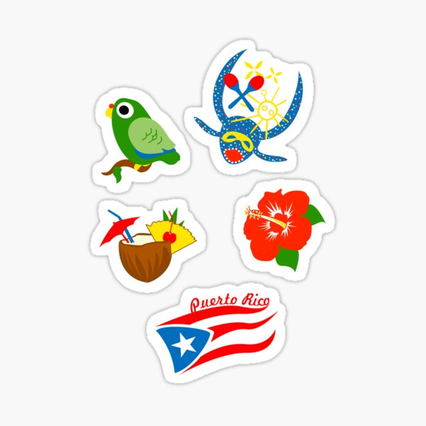 Set of Stickers Symbols Puerto Rico Flag Pina Colada Parrot Hibiscus Mask Glossy Sticker