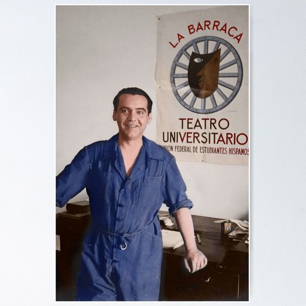 Artikel-Vorschau von Federico García Lorca. Sommer 1935. Neben dem La Barraca-Plakat., designt und verkauft von Rafael Navarrete.