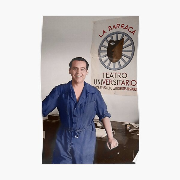 Federico García Lorca. Summer 1935. Next to the La Barraca poster. Poster