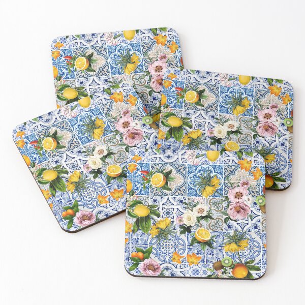 Item preview, Mediterranean Tile Print Design, Tuscan Villa, Lemon Floral On Blue Tile designed and sold by twigandmeadow.