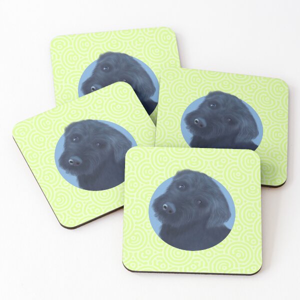 Item preview, Portuguese Water Dog art on blue and lime background designed and sold by forziati design.