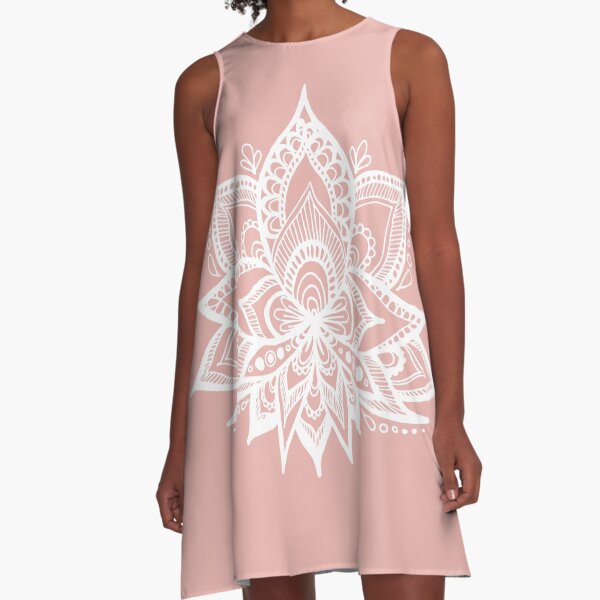 White Lotus Flower on Rose Gold A-Line Dress
