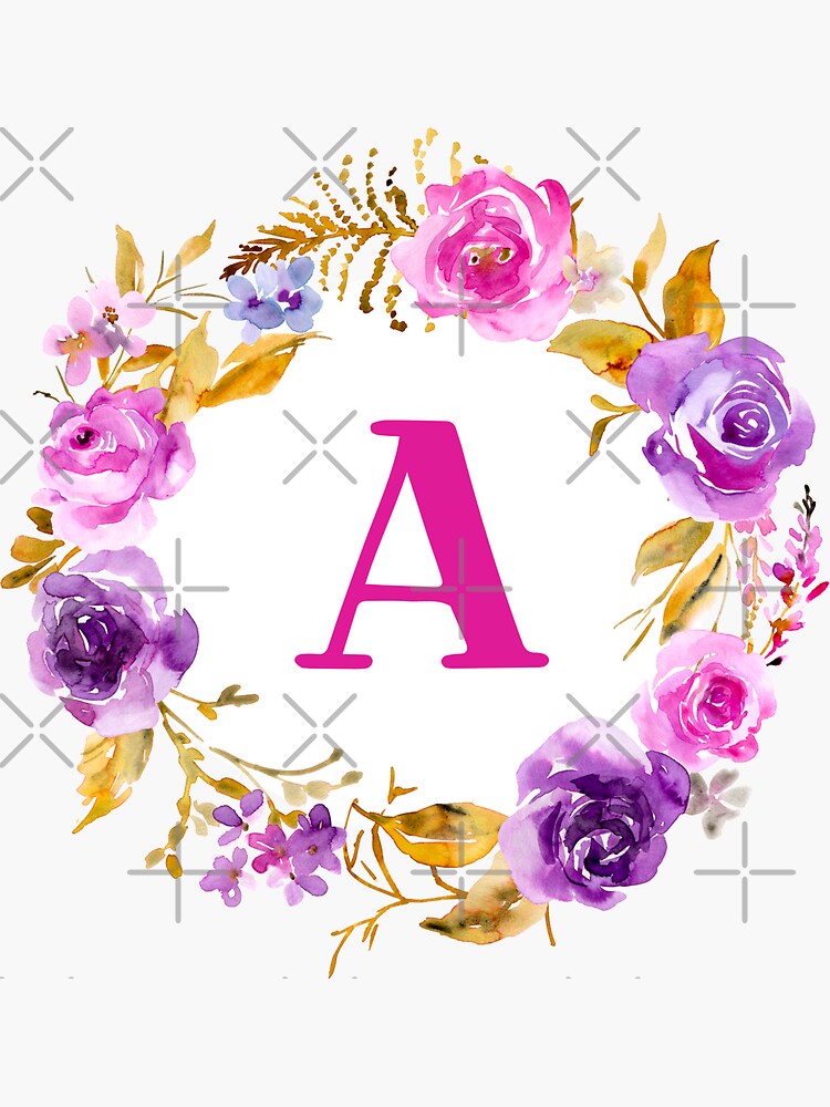 "Purple, Pink, Gold Floral Wreath Letter A" Sticker by thecoolbean