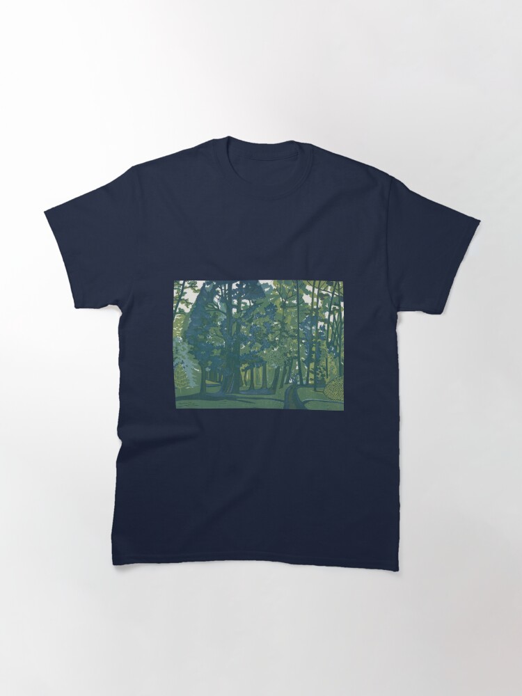 Thumbnail 3 of 7, Classic T-Shirt, Dusk in the Gardens - Linocut by Francesca Whetnall designed and sold by Cecca-Designs.