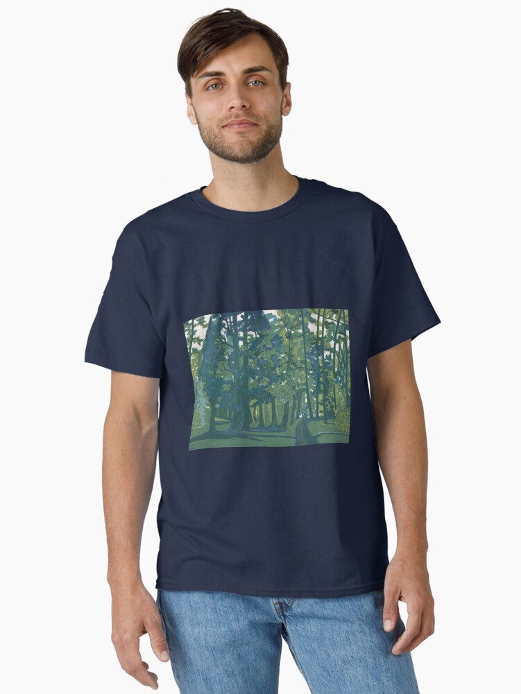 Thumbnail 1 of 7, Classic T-Shirt, Dusk in the Gardens - Linocut by Francesca Whetnall designed and sold by Cecca-Designs.