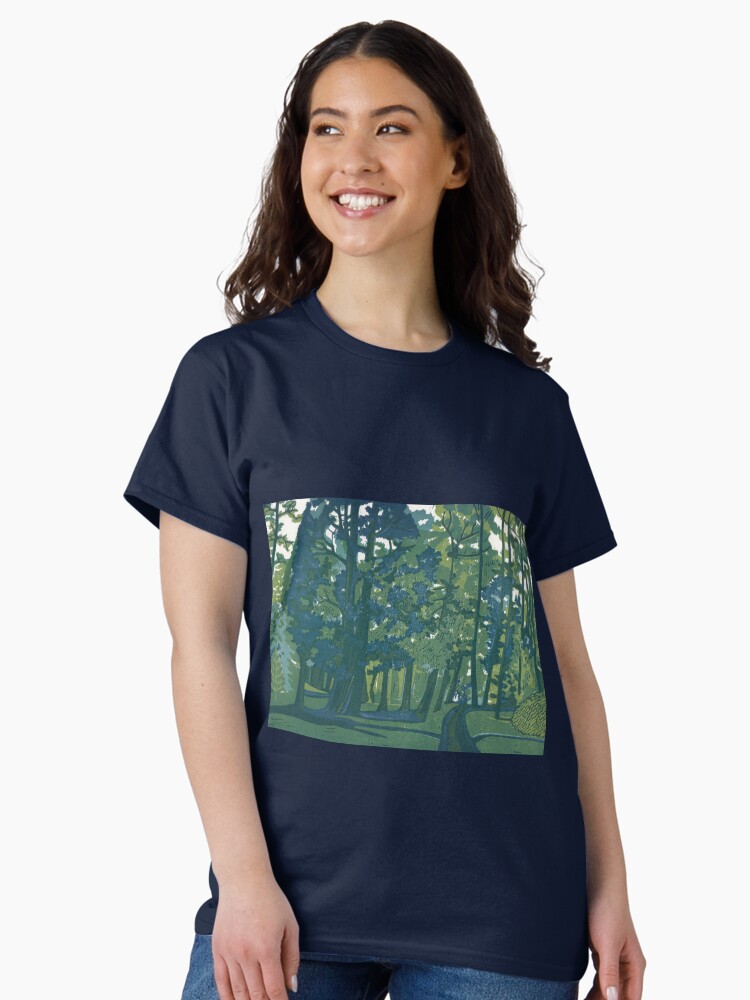 Thumbnail 2 of 7, Classic T-Shirt, Dusk in the Gardens - Linocut by Francesca Whetnall designed and sold by Cecca-Designs.