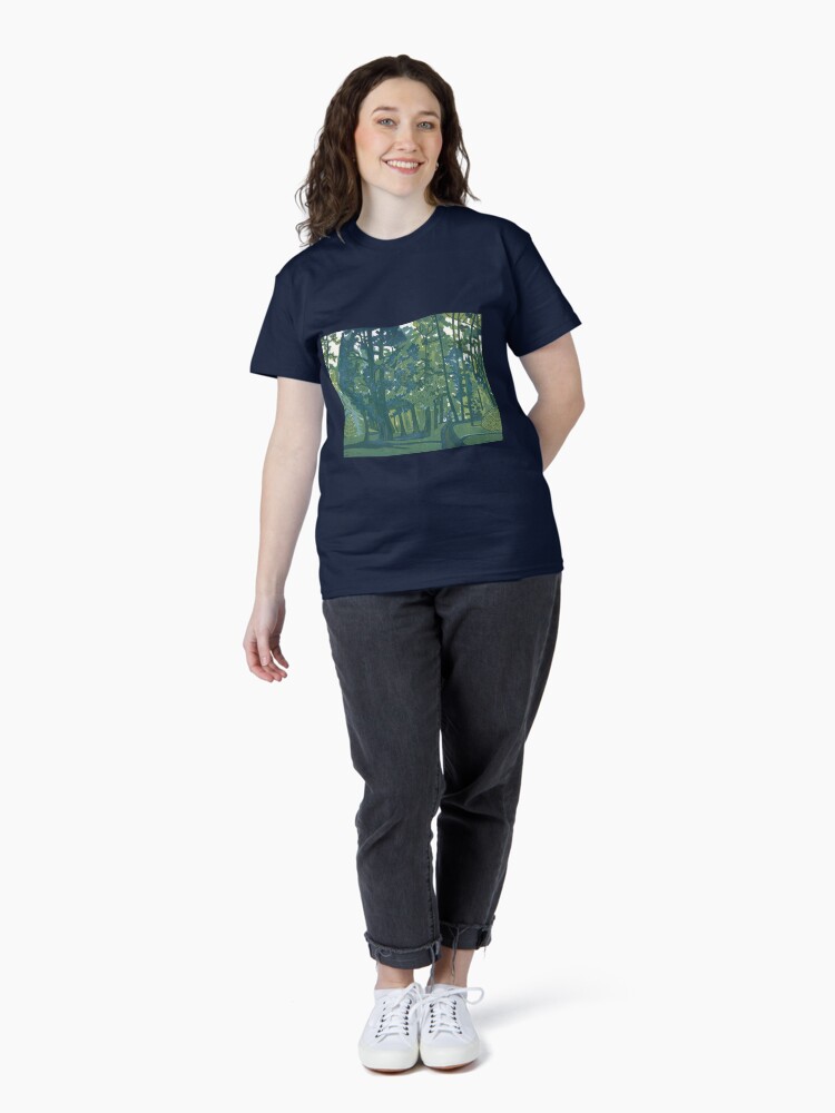 Thumbnail 4 of 7, Classic T-Shirt, Dusk in the Gardens - Linocut by Francesca Whetnall designed and sold by Cecca-Designs.