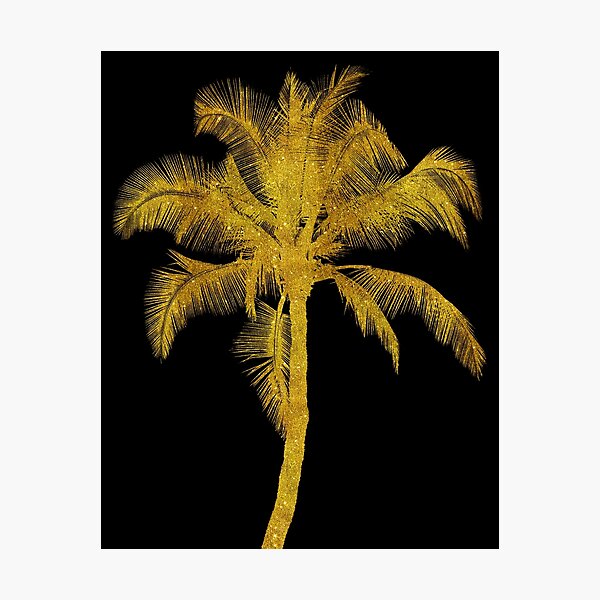 Gold Palm Tree Faux Glitter Metallic Foil Tropical Palms Black Photographic Print