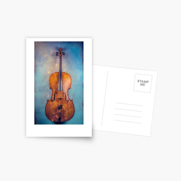 Classic wooden cello with a blue background and lights Postcard