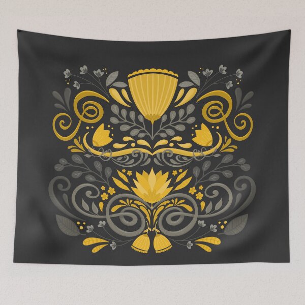 Item preview, Yellow Grey Floral - Flowers Folk Art designed and sold by Kit Cronk.