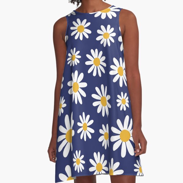 Spring daisies floral retro pattern on navy blue A-Line Dress