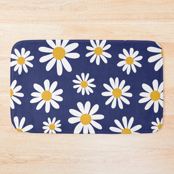 Spring daisies floral retro pattern on navy blue Bath Mat