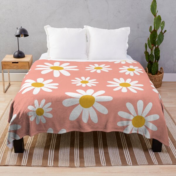 Spring daisies floral retro pattern on coral pink Throw Blanket
