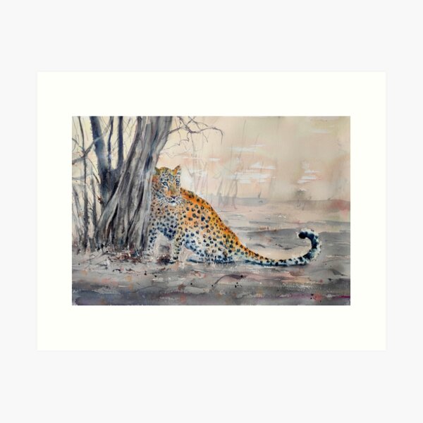 Item preview, SHY LEOPARD - Watercolour leopard painting - Realistic leopard art - African big cat designed and sold by lyatee.
